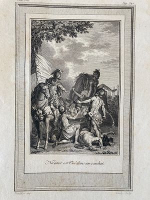 an old engraving of a man on a horse and a woman on a horse