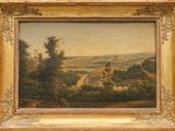 une peinture à l'huile représentant un paysage avec des arbres et des collines en arrière-plan
