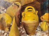 a painting of a group of yellow vases on a table