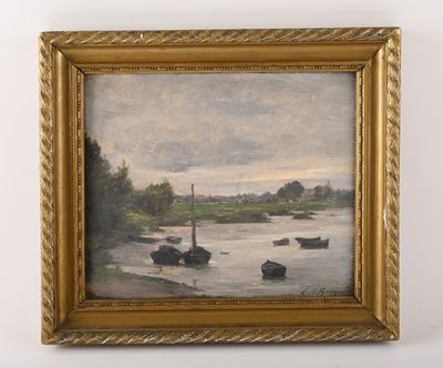 an oil painting of boats on a river in a gold frame