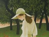 painting of a woman standing in a field of flowers with a hat on