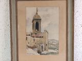 painting of a church with a steeple and a steeple at the top
