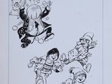 une image représentant un dessin en noir et blanc d'un groupe de personnages de dessins animés