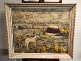 une vieille photo représentant un tableau posé sur un chevalet, avec un cheval en arrière-plan