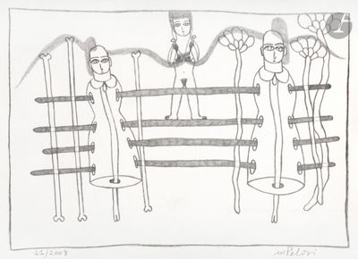 dessin représentant un groupe de personnes debout autour d'une clôture en bois