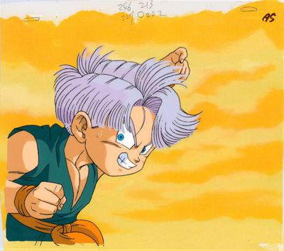 un dessin représentant un jeune Gohan aux cheveux violets et aux yeux bleus