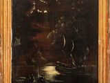 a painting of a boat in the water with a full moon in the background