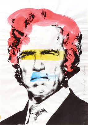 an image of a painting of a man in a suit and tie with a rainbow painted on his face