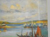 an oil painting of boats in a harbor on a cloudy day