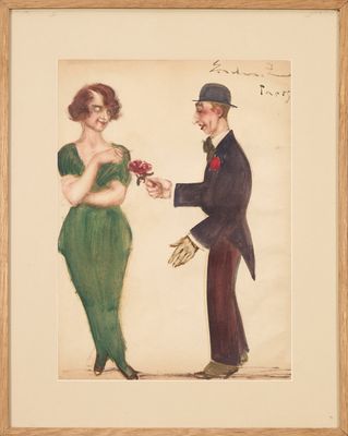une image représentant un tableau où l'on voit un homme offrant une fleur à une femme