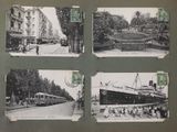 several old black and white photos of a train station and a train