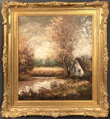 a painting of a house in a field next to a river