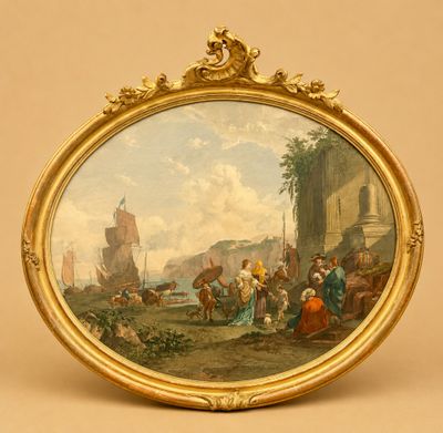 une image d'un tableau représentant un groupe de personnes dans un paysage