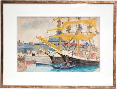 une aquarelle représentant un bateau dans un port