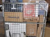 a cart full of boxes sitting in a warehouse