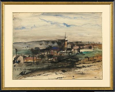 Aquarelle sur papier "Le village de Baulers". Monogrammée en…