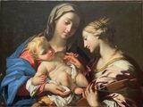 une image représentant un tableau où l'on voit une femme tenant un bébé dans ses bras, entourée de deux autres femmes
