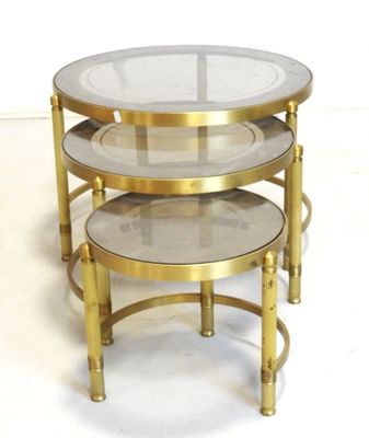 three tiered glass and brass coffee table with glass top