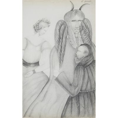 an image of a drawing of a woman with a bird on her head
