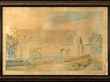 an old painting of a church on a hill with a river in the foreground