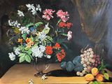 peinture d'une nature morte de fleurs et de fruits sur une table