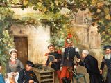 painting of a group of people sitting around a table in a courtyard