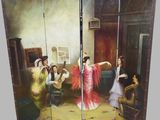 painting of a woman in a red dress dancing in a room with other people