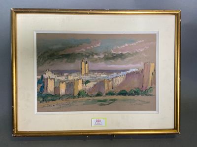 painting of a view of a city with a castle in the background