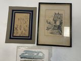 three framed pictures of a house and a boat on a wall