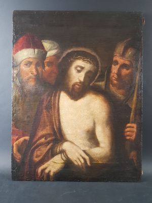 an old painting of jesus on the cross with other people