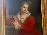 painting of a woman in a red dress holding a book