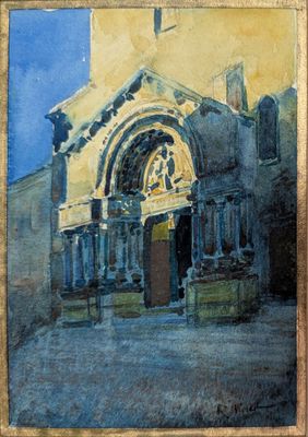 une peinture à l'huile représentant une église avec une horloge sur sa façade