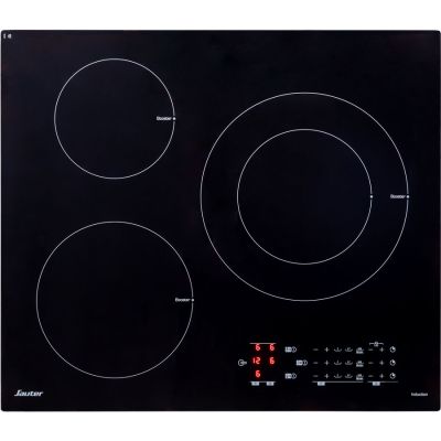 a black induction cooktop with three burners on a white background