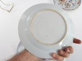 a person holding a white plate with a gold rim