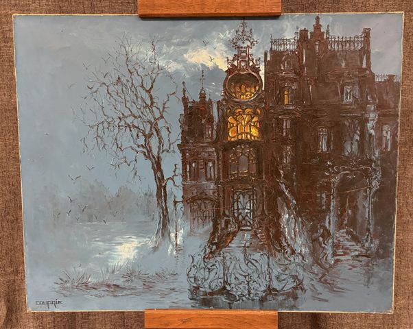 Jean-Pierre COUPRIE (né en 1941). « Manoir hanté ». Huile sur toi...