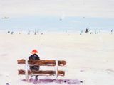a painting of a person sitting on a bench in the snow