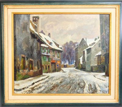 an oil painting of a snowy street scene with a horse drawn carriage