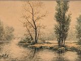 painting of a river scene with trees and water in the foreground