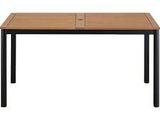 a wooden table with black legs and a brown top