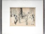 drawing of a group of people sitting around a table in a room