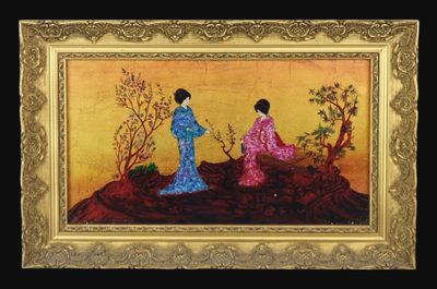 une image représentant un tableau où l'on voit deux femmes sur une colline