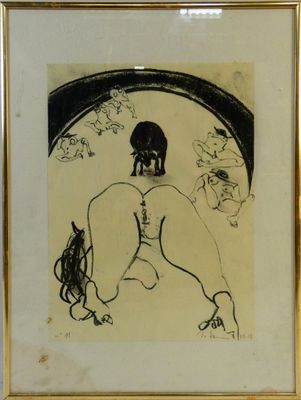 painting of a nude woman in a gold frame with a black and white background