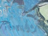 a painting of a man in a blue shirt and hat