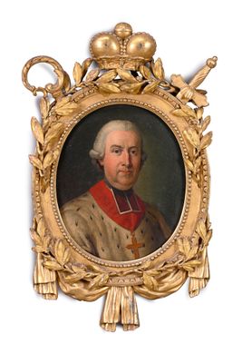 portrait of a man in a gold frame with a cross on it