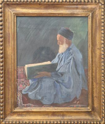 une peinture à l'huile représentant un homme en train de lire un livre sur un tapis