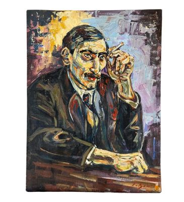 an oil painting of a man sitting at a table smoking a cigarette