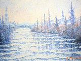 a painting of a river with trees in the background
