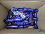 a box full of blue and red balloons in it