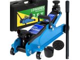 a pair of blue hydraulic jacks sitting next to a tool box