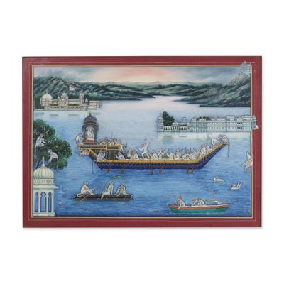 un tableau représentant un bateau rempli de gens sur l'eau